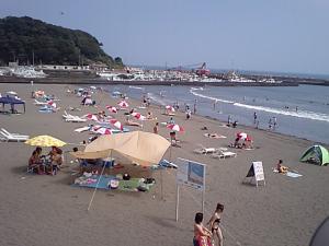 腰越海水浴場から漁港を見た写真