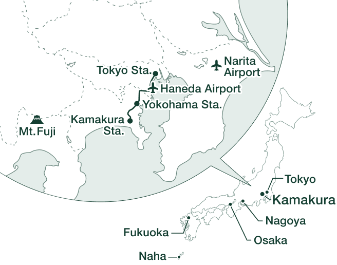 An image showing Kamakura's location in Japan and a close-up map of the surrounding area. Kamakura is located in central Japan, with airports, Tokyo, and Yokohama to the east and Mt. Fuji to the west on the close-up map.